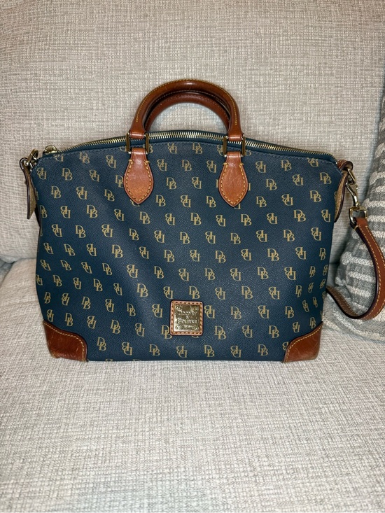 Dooney & Bourke Handbags - Dooney & Bourke Navy and Brown Signature Gretta Satchel with Leather Trim